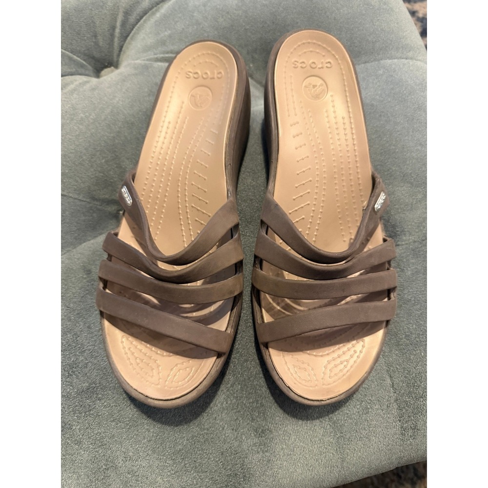 Crocs Women's Wedge Sandals Taupe Slip‎ On Comfort Size 9